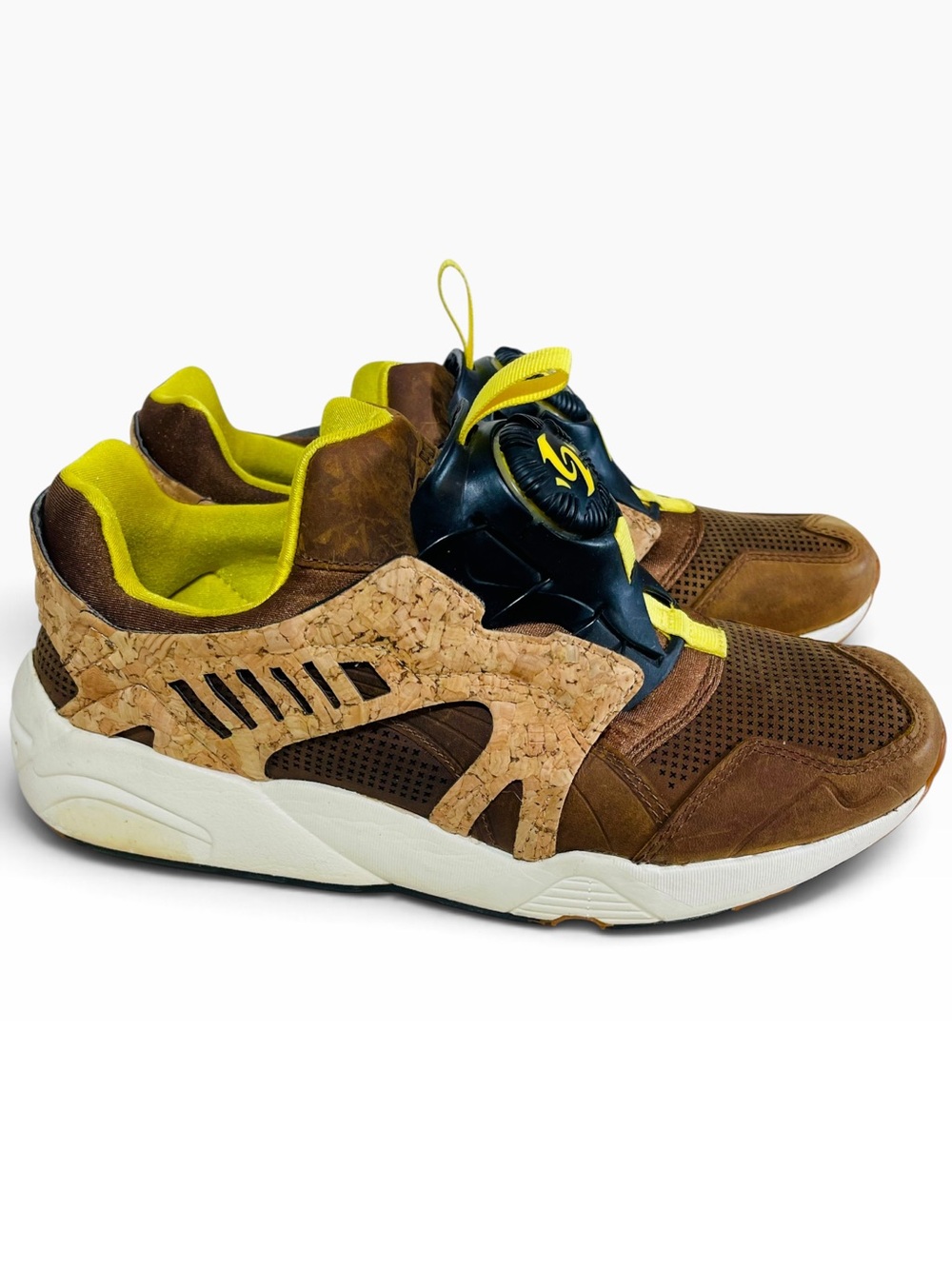 Puma Disc Blaze Sneakers Cork Mesh Leather Brown Neon Yellow Size 7.5 Men